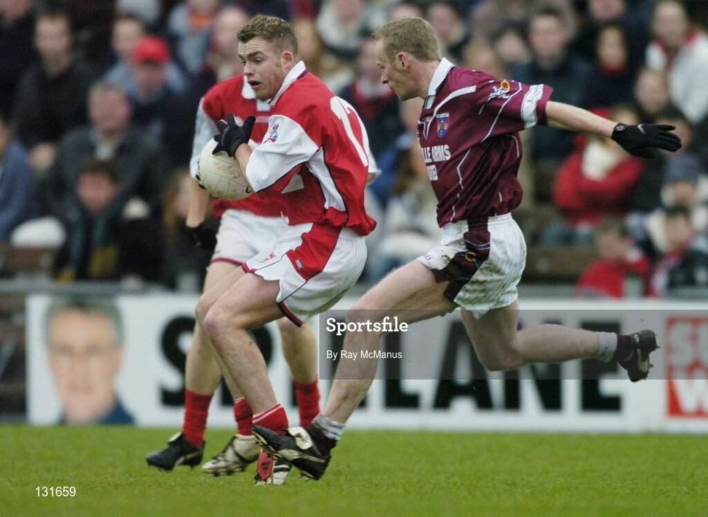 4 January 2004; Colin McGuinness, Louth, in action against Tom Stuart Trainor, Westmeath. O'Byrne Cup, Westmeath v Louth, Cusack Park, Mullingar, Co. Westmeath. Picture credit; Ray McManus / SPORTSFILE *EDI*