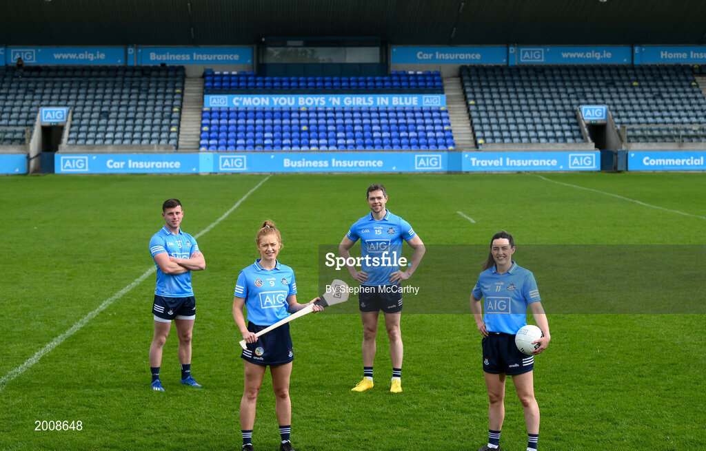 12 May 2021; Dublin players, from left, Dublin hurler Davy Keogh, Dublin camogie player Leah Butler, Dublin footballer Dean Rock and Dublin ladies footballer Lyndsey Davey at Parnell Park, in Dublin, to support the roll-out of ‘AIG BoxClever’ insurance for young drivers across Ireland. BoxClever is an innovative proposition that promotes and rewards safe driving that can help secure lower car insurance premiums. For a quote go to www.aig.ie/box. Photo by Stephen McCarthy/Sportsfile