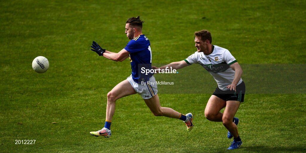 22 May 2021; Conor Byrne of Wicklow in action against Colm O'Shaughnessy of Tipperary during the Allianz Football League Division 3 South Round 2 match between Tipperary and Wicklow at Semple Stadium in Thurles, Tipperary. Photo by Ray McManus/Sportsfile