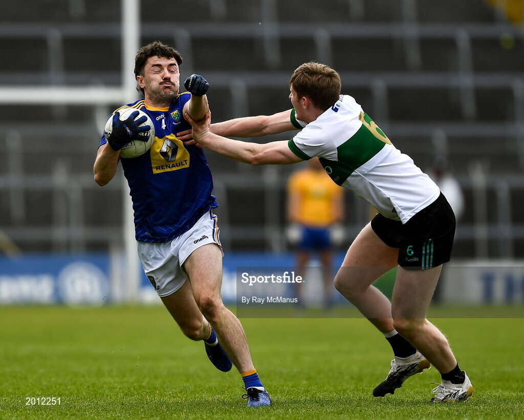 22 May 2021; Oisín Manning of Wicklow in action against Paudie Feehan of Tipperary during the Allianz Football League Division 3 South Round 2 match between Tipperary and Wicklow at Semple Stadium in Thurles, Tipperary. Photo by Ray McManus/Sportsfile