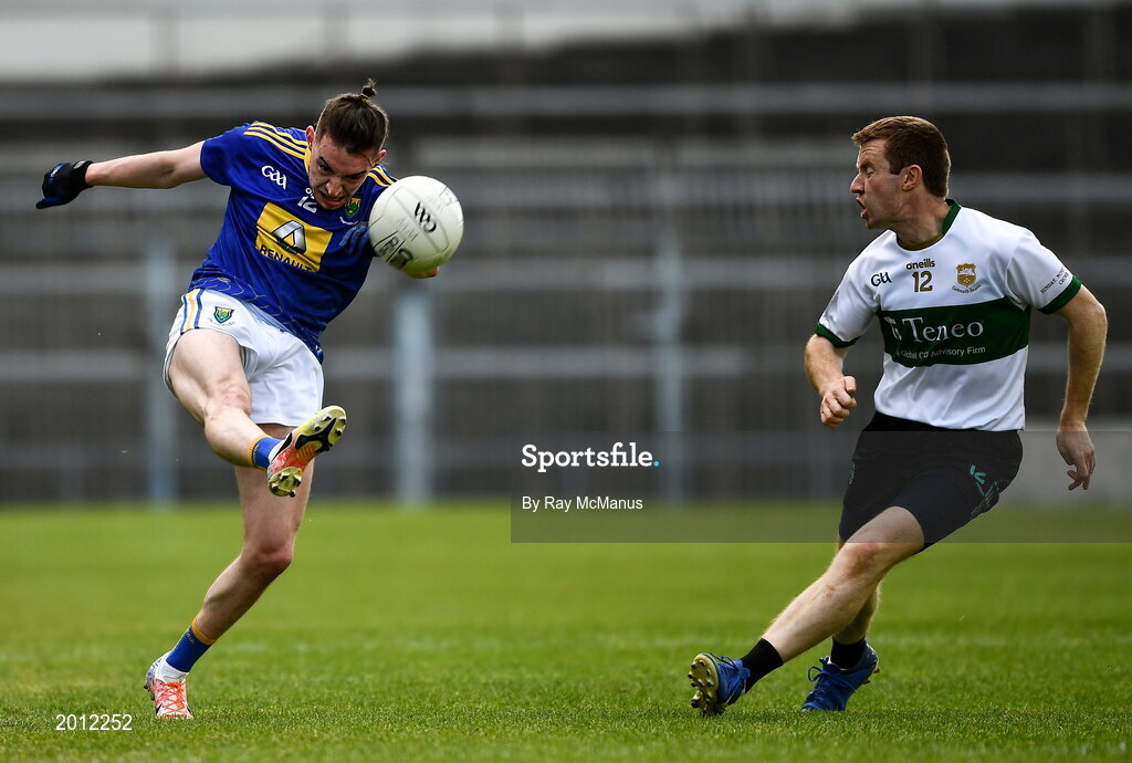 22 May 2021; Conor Byrne of Wicklow in action against Brian Fox of Tipperary during the Allianz Football League Division 3 South Round 2 match between Tipperary and Wicklow at Semple Stadium in Thurles, Tipperary. Photo by Ray McManus/Sportsfile