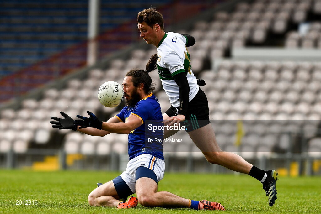 22 May 2021; Nicky Devereux of Wicklow in action against Conor Sweeney of Tipperary during the Allianz Football League Division 3 South Round 2 match between Tipperary and Wicklow at Semple Stadium in Thurles, Tipperary. Photo by Ray McManus/Sportsfile