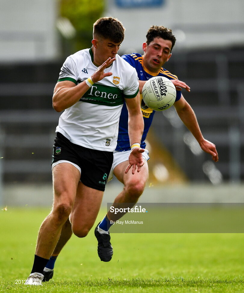 22 May 2021; Steven O'Brien of Tipperary in action against Podge O'Toole of Wicklow during the Allianz Football League Division 3 South Round 2 match between Tipperary and Wicklow at Semple Stadium in Thurles, Tipperary. Photo by Ray McManus/Sportsfile
