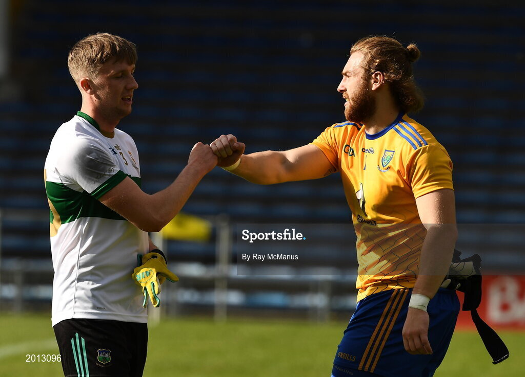 22 May 2021; Riain Quigley of Tipperary and Wicklow goalkeeper Mark Jackson after the Allianz Football League Division 3 South Round 2 match between Tipperary and Wicklow at Semple Stadium in Thurles, Tipperary. Photo by Ray McManus/Sportsfile