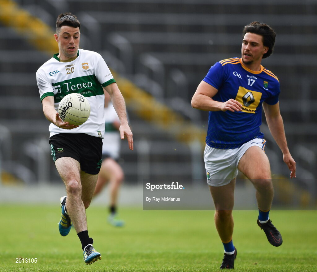 22 May 2021; Shane Foley of Tipperary in action against Ross O'Brien of Wicklow during the Allianz Football League Division 3 South Round 2 match between Tipperary and Wicklow at Semple Stadium in Thurles, Tipperary. Photo by Ray McManus/Sportsfile