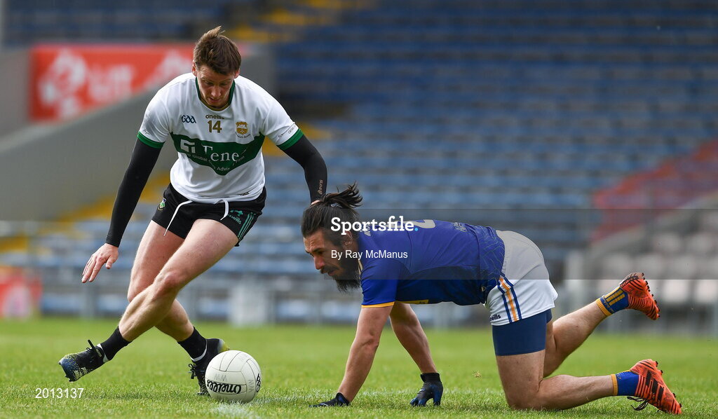 22 May 2021; Nicky Devereux of Wicklow in action against Conor Sweeney of Tipperary during the Allianz Football League Division 3 South Round 2 match between Tipperary and Wicklow at Semple Stadium in Thurles, Tipperary. Photo by Ray McManus/Sportsfile