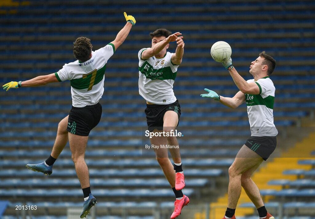 22 May 2021; Tipperary players Jack Harney, left, Conal Kennedy and Alan Campbell, right jump for the same dropping ball during the Allianz Football League Division 3 South Round 2 match between Tipperary and Wicklow at Semple Stadium in Thurles, Tipperary. Photo by Ray McManus/Sportsfile