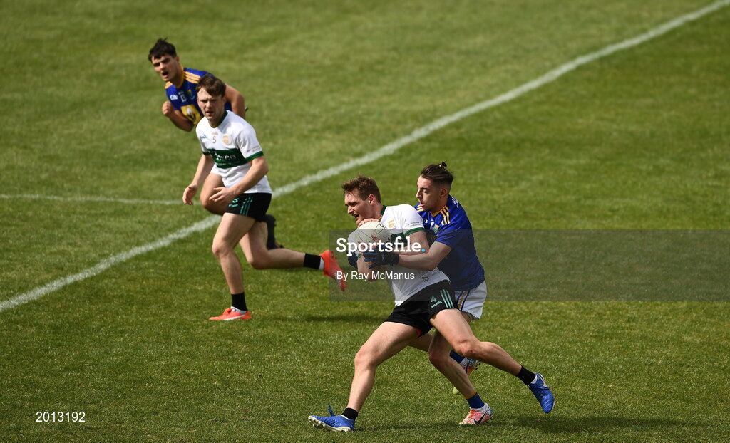 22 May 2021; Colm O'Shaughnessy of Tipperary in action against Conor Byrne of Wicklow during the Allianz Football League Division 3 South Round 2 match between Tipperary and Wicklow at Semple Stadium in Thurles, Tipperary. Photo by Ray McManus/Sportsfile