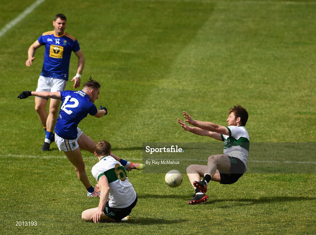22 May 2021; Tipperary full back Jimmy Feehan blocks this shot from Conor Byrne of Wicklow during the Allianz Football League Division 3 South Round 2 match between Tipperary and Wicklow at Semple Stadium in Thurles, Tipperary. Photo by Ray McManus/Sportsfile