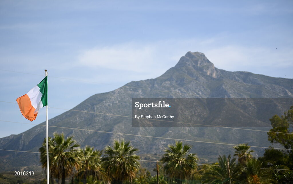 30 May 2021; The Irish tricolour flies at Dama de Noche Football Centre before the U21 international friendly match between Switzerland and Republic of Ireland at Dama de Noche Football Centre in Marbella, Spain. Photo by Stephen McCarthy/Sportsfile