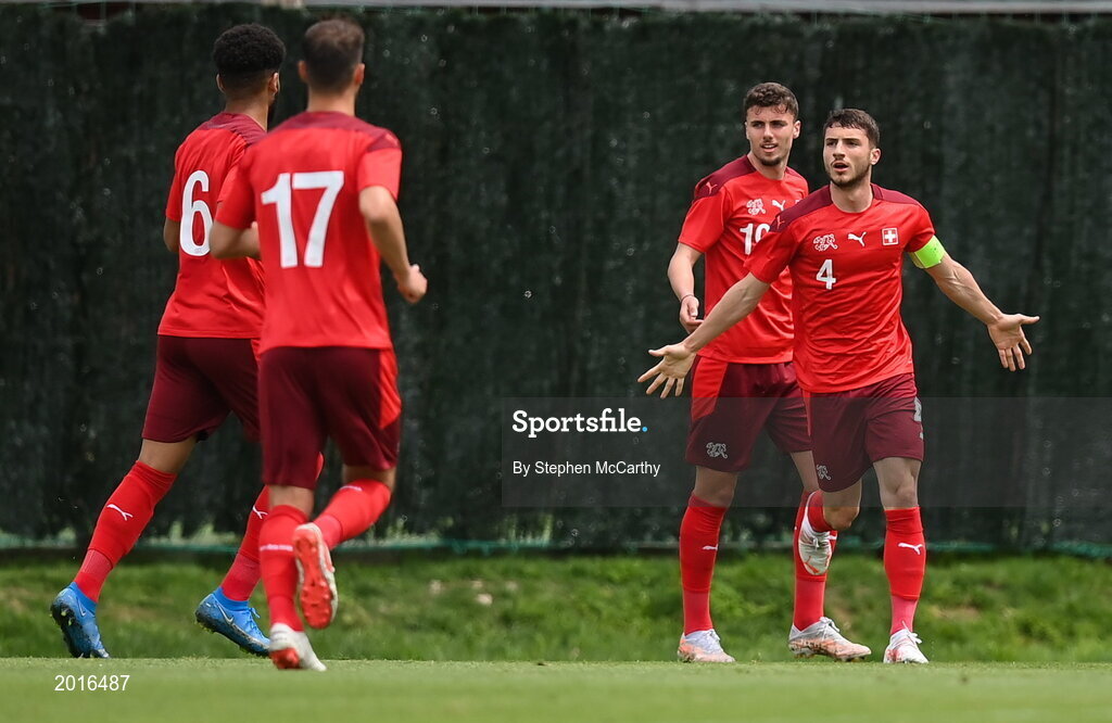30 May 2021; Leonidas Stergiou of Switzerland celebrates after scoring his side's first goal during the U21 international friendly match between Switzerland and Republic of Ireland at Dama de Noche Football Centre in Marbella, Spain. Photo by Stephen McCarthy/Sportsfile