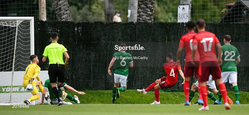 30 May 2021; Leonidas Stergiou of Switzerland shoots to score his side's first goal during the U21 international friendly match between Switzerland and Republic of Ireland at Dama de Noche Football Centre in Marbella, Spain. Photo by Stephen McCarthy/Sportsfile
