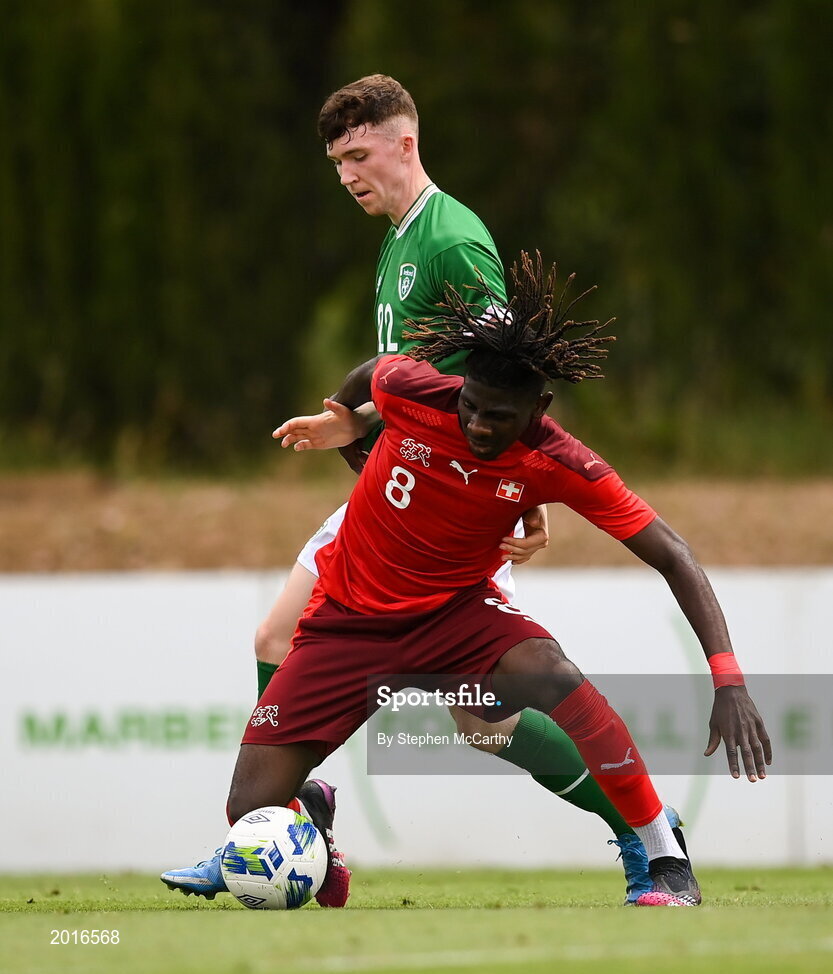 30 May 2021; Alex Jankewitz of Switzerland in action against Conor Grant of Republic of Ireland during the U21 international friendly match between Switzerland and Republic of Ireland at Dama de Noche Football Centre in Marbella, Spain. Photo by Stephen McCarthy/Sportsfile
