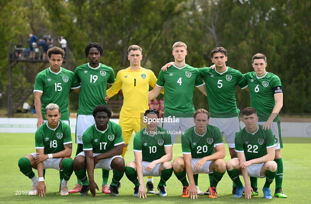 30 May 2021; The Republic of Ireland team, back row, from left, Lewis Richards, Joshua Kayode, Brian Maher, Mark McGuinness, Oisin McEntee and Conor Coventry, with, front row, Tyreik Wright, Festy Ebosele, Louie Watson, Ryan Johansson and Conor Grant before the U21 international friendly match between Switzerland and Republic of Ireland at Dama de Noche Football Centre in Marbella, Spain. Photo by Stephen McCarthy/Sportsfile