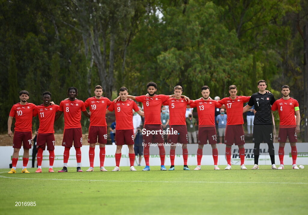 30 May 2021; Switzerland players stand for the playing of the National Anthem before the U21 international friendly match between Switzerland and Republic of Ireland at Dama de Noche Football Centre in Marbella, Spain. Photo by Stephen McCarthy/Sportsfile