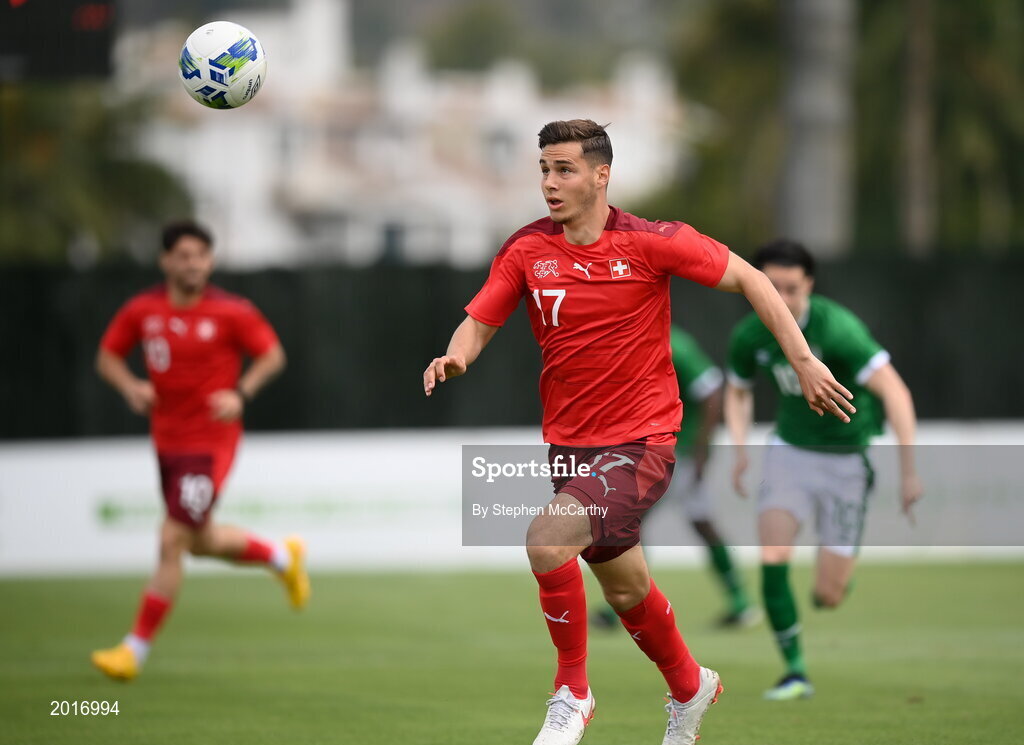 30 May 2021; Jan Kronig of Switzerland during the U21 international friendly match between Switzerland and Republic of Ireland at Dama de Noche Football Centre in Marbella, Spain. Photo by Stephen McCarthy/Sportsfile