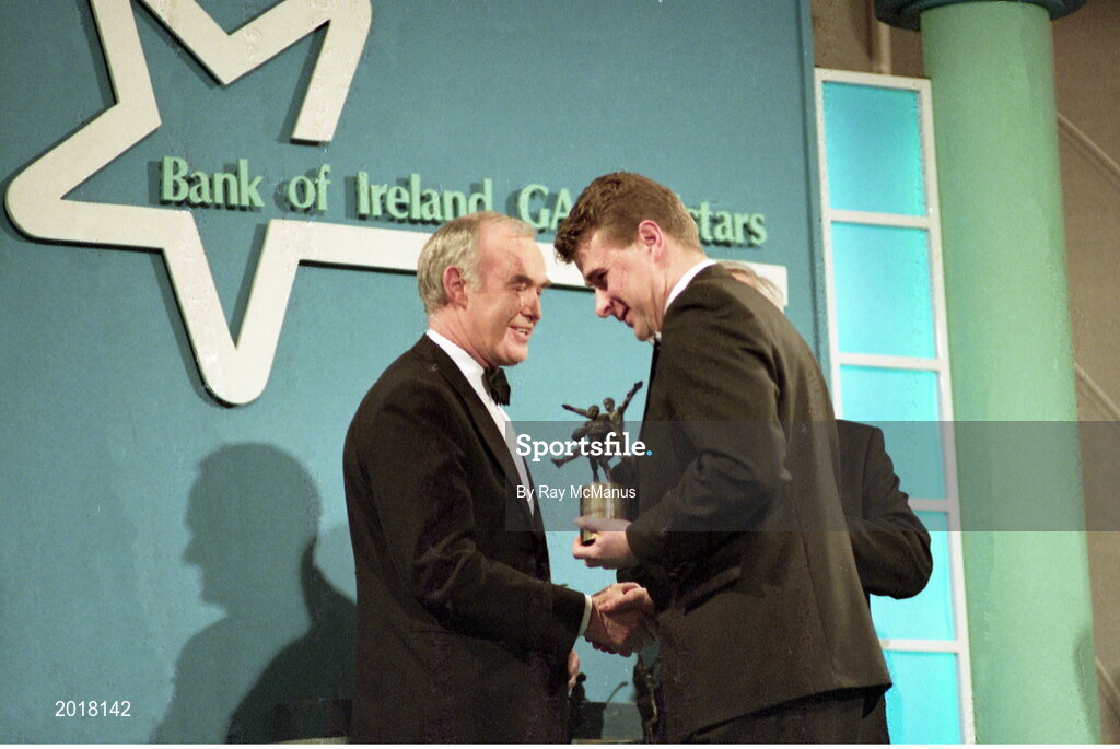 16 December 1994; Dublin footballer Charlie Redmond is presented with his Bank of Ireland All-Star Award by Bank of Ireland CEO Pat Molloy at the Bank of Ireland GAA All-Star Awards at the Burlington Hotel in Dublin. Photo by Ray McManus/Sportsfile