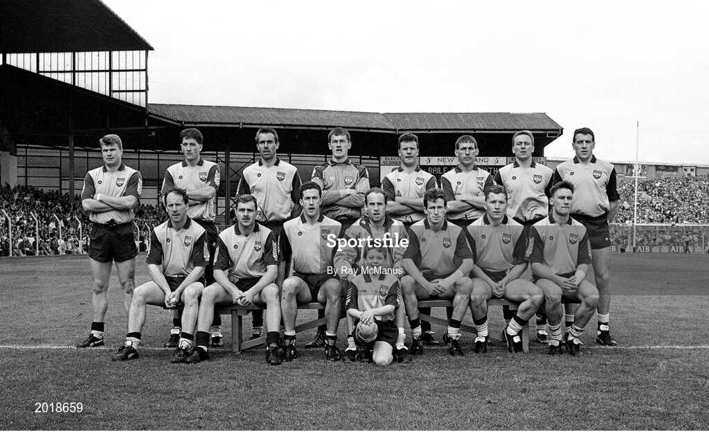 2 June 1991; The Dublin team, back row, from left, Charlie Redmond, Mick Galvin, Dave Foran, John O'Leary, Vinny Murphy, Mick Deegan, Keith Barr and Jack Sheedy, with front, from left, Mick Kennedy, Ciaran Walsh, Paul Clarke, Tommy Carr, Niall Guiden, Eamonn Heary and Paul Clarke before the Leinster Senior Football Championship Preliminary Round match between Dublin and Meath at Croke Park in Dublin. Photo by Ray McManus/Sportsfile