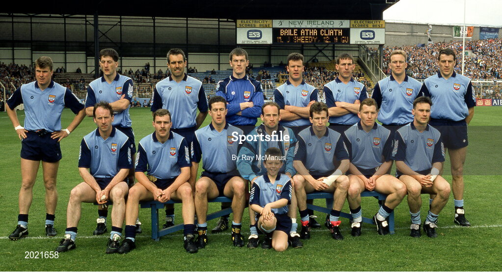 2 June 1991; The Dublin team, back row, from left, Charlie Redmond, Mick Galvin, Dave Foran, John O'Leary, Vinny Murphy, Mick Deegan, Keith Barr and Jack Sheedy, with front, from left, Mick Kennedy, Ciaran Walsh, Paul Clarke, Tommy Carr, Niall Guiden, Eamonn Heary and Paul Clarke before the Leinster Senior Football Championship Preliminary Round match between Dublin and Meath at Croke Park in Dublin. Photo by Ray McManus/Sportsfile