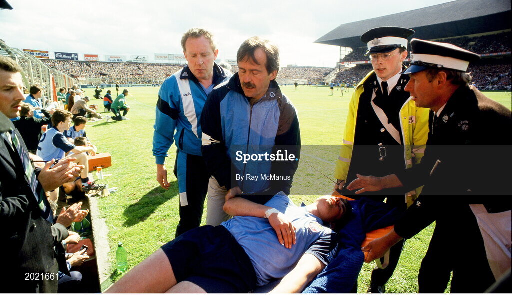 2 June 1991; Charlie Redmond of Dublin is stretchered from the pitch during the Leinster Senior Football Championship Preliminary Round match between Dublin and Meath at Croke Park in Dublin. Photo by Ray McManus/Sportsfile