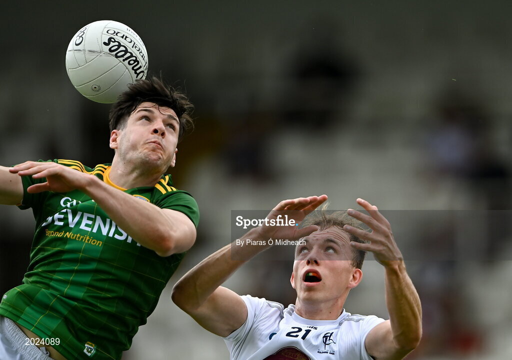 13 June 2021; Séamus Lavin of Meath in action against Brian McLaughlin of Kildare during the Allianz Football League Division 2 semi-final match between Kildare and Meath at St Conleth's Park in Newbridge, Kildare. Photo by Piaras Ó Mídheach/Sportsfile