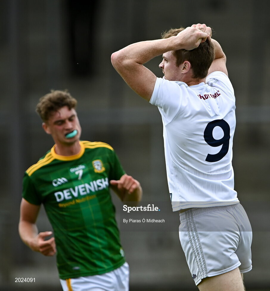 13 June 2021; Kevin Feely of Kildare reacts after a missed goal chance during the Allianz Football League Division 2 semi-final match between Kildare and Meath at St Conleth's Park in Newbridge, Kildare. Photo by Piaras Ó Mídheach/Sportsfile
