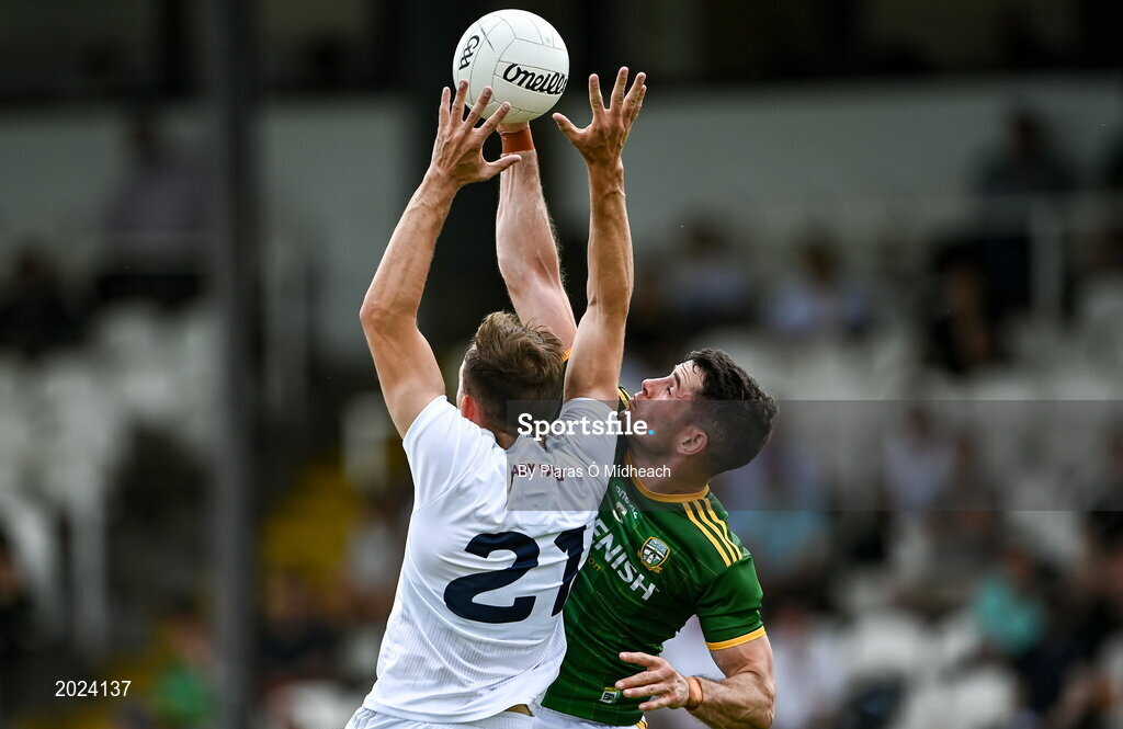 13 June 2021; Donal Keogan of Meath in action against Brian McLoughlin of Kildare during the Allianz Football League Division 2 semi-final match between Kildare and Meath at St Conleth's Park in Newbridge, Kildare. Photo by Piaras Ó Mídheach/Sportsfile