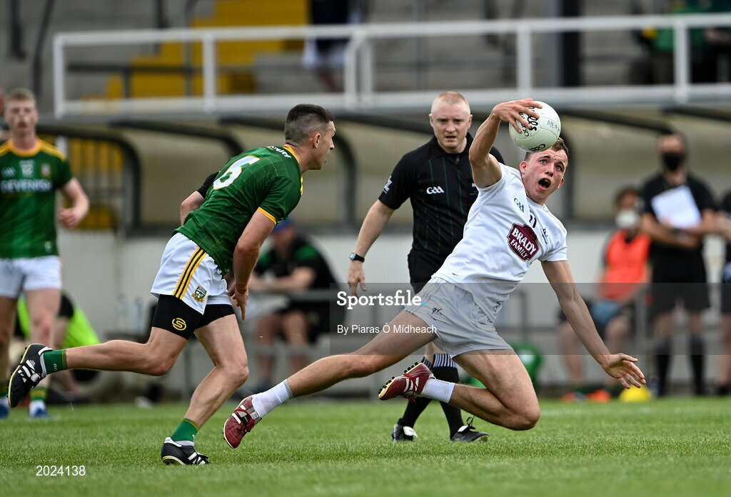 13 June 2021; Brian McLoughlin of Kildare is tackled by Shane McEntee of Meath during the Allianz Football League Division 2 semi-final match between Kildare and Meath at St Conleth's Park in Newbridge, Kildare. Photo by Piaras Ó Mídheach/Sportsfile