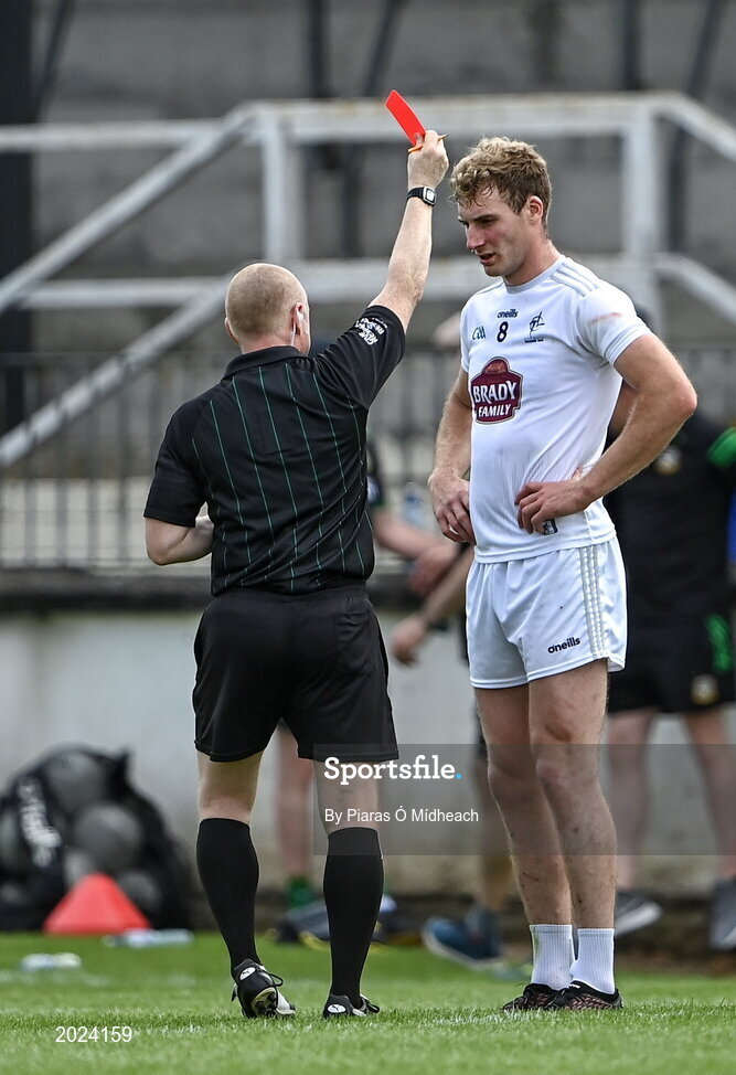 13 June 2021; Luke Flynn of Kildare is shown a red card by referee Barry Casssidy during the Allianz Football League Division 2 semi-final match between Kildare and Meath at St Conleth's Park in Newbridge, Kildare. Photo by Piaras Ó Mídheach/Sportsfile