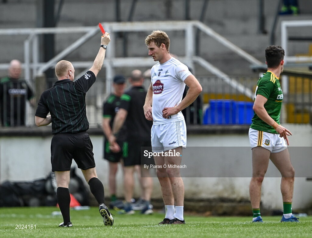 13 June 2021; Luke Flynn of Kildare is shown a red card by referee Barry Casssidy during the Allianz Football League Division 2 semi-final match between Kildare and Meath at St Conleth's Park in Newbridge, Kildare. Photo by Piaras Ó Mídheach/Sportsfile