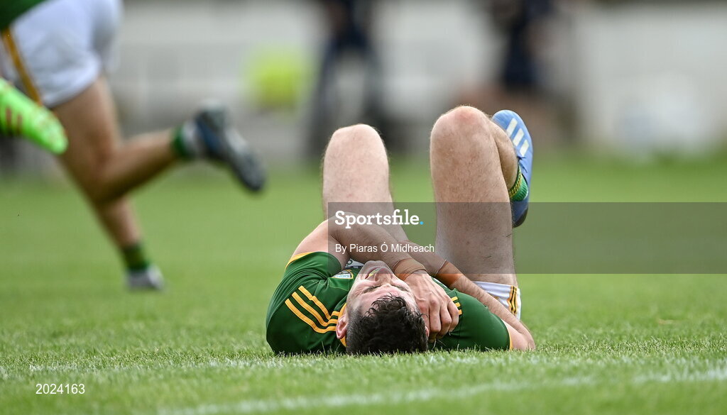 13 June 2021; Donal Keogan of Meath awaits medical attention for an injury before being substituted during the Allianz Football League Division 2 semi-final match between Kildare and Meath at St Conleth's Park in Newbridge, Kildare. Photo by Piaras Ó Mídheach/Sportsfile