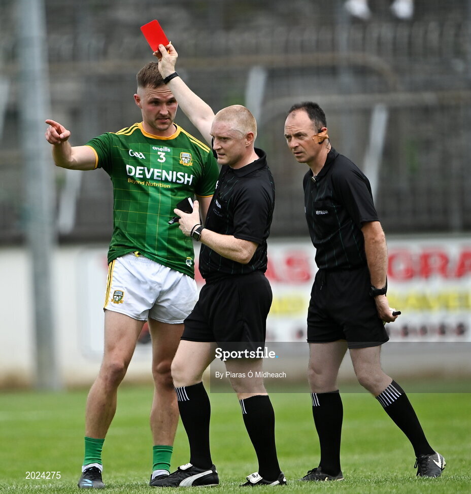 13 June 2021; Conor McGill of Meath is shown the red card by referee Barry Cassidy during the Allianz Football League Division 2 semi-final match between Kildare and Meath at St Conleth's Park in Newbridge, Kildare. Photo by Piaras Ó Mídheach/Sportsfile