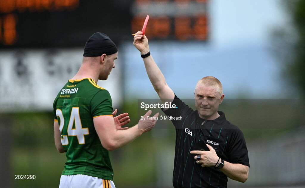 13 June 2021; Brian Conlon of Meath is shown the red card by referee Barry Cassidy during the Allianz Football League Division 2 semi-final match between Kildare and Meath at St Conleth's Park in Newbridge, Kildare. Photo by Piaras Ó Mídheach/Sportsfile