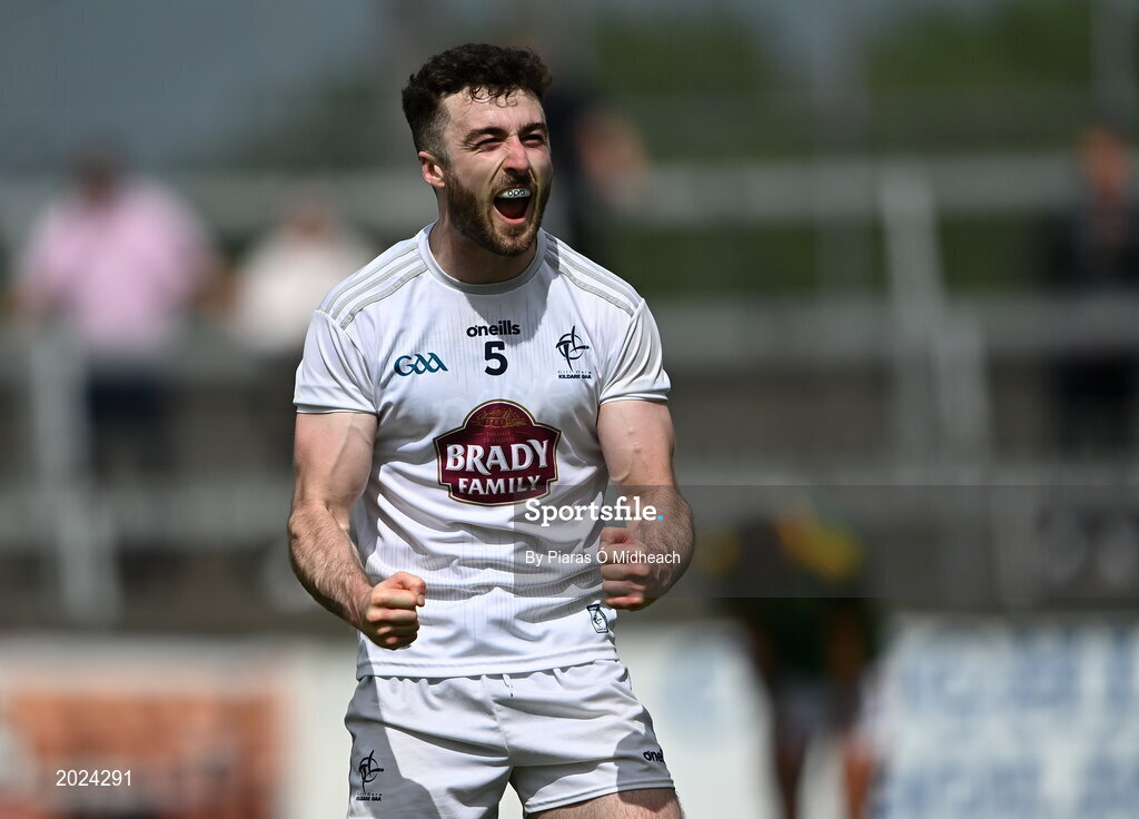 13 June 2021; Kevin Flynn of Kildare celebrates after his side's victory in the Allianz Football League Division 2 semi-final match between Kildare and Meath at St Conleth's Park in Newbridge, Kildare. Photo by Piaras Ó Mídheach/Sportsfile