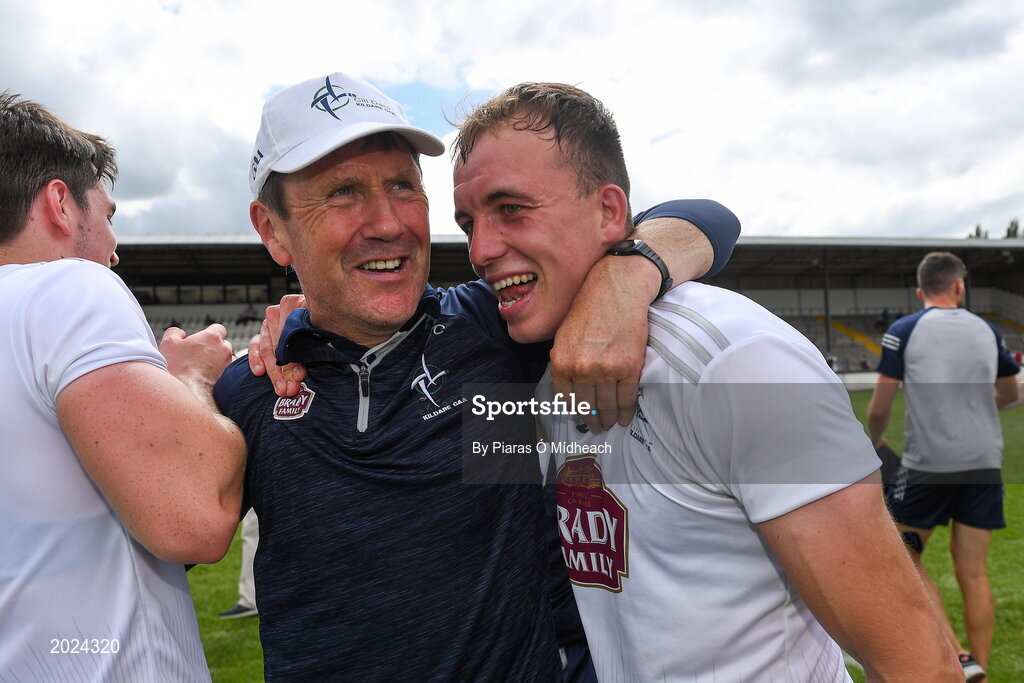 13 June 2021; Kildare manager Jack O'Connor celebrates with Brian McLoughlin after their side's victory in the Allianz Football League Division 2 semi-final match between Kildare and Meath at St Conleth's Park in Newbridge, Kildare. Photo by Piaras Ó Mídheach/Sportsfile