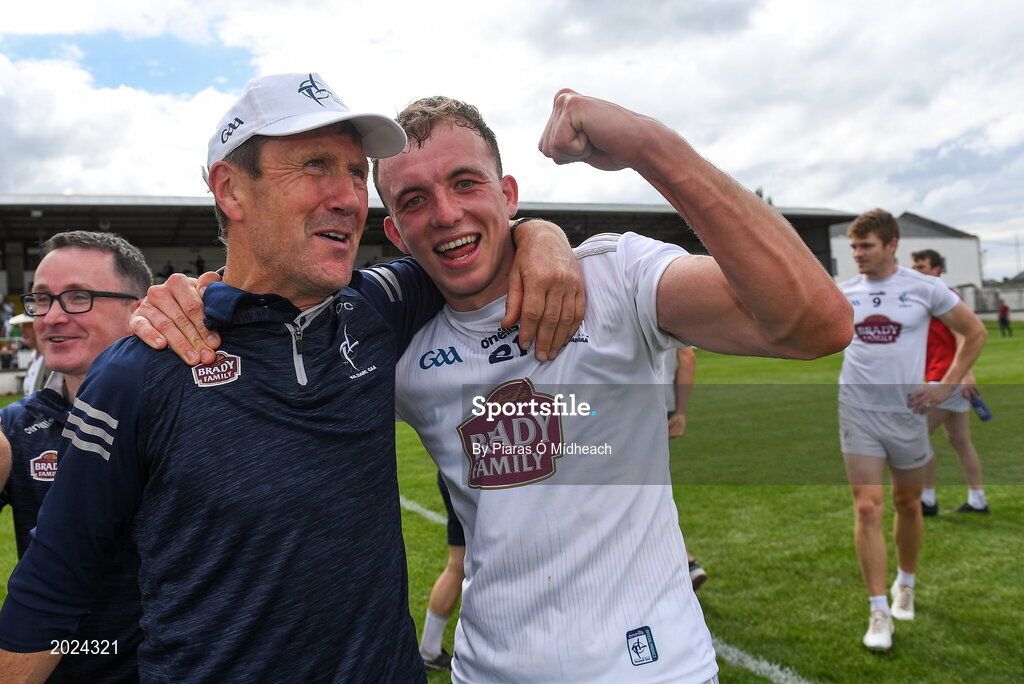 13 June 2021; Kildare manager Jack O'Connor celebrates with Brian McLoughlin after their side's victory in the Allianz Football League Division 2 semi-final match between Kildare and Meath at St Conleth's Park in Newbridge, Kildare. Photo by Piaras Ó Mídheach/Sportsfile
