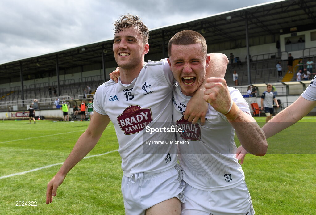 13 June 2021; Kildare players Darragh Kirwan, left, and Alex Beirne celebrate after their side's victory in the Allianz Football League Division 2 semi-final match between Kildare and Meath at St Conleth's Park in Newbridge, Kildare. Photo by Piaras Ó Mídheach/Sportsfile