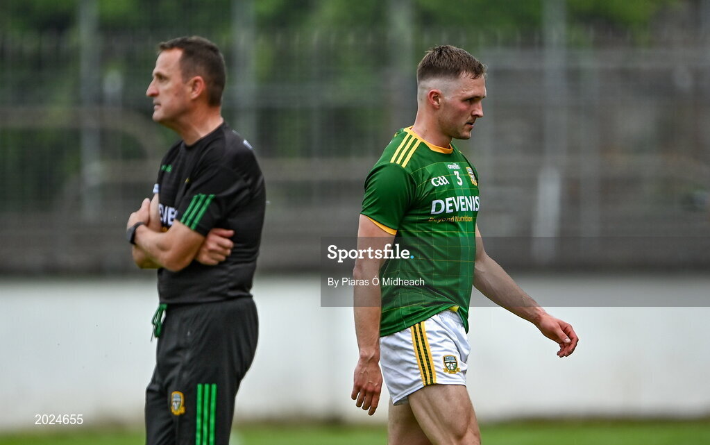 13 June 2021; Conor McGill of Meath walks to the sideline, past his manager Andy McEntee, after he was shown the red card by referee Barry Cassidy during the Allianz Football League Division 2 semi-final match between Kildare and Meath at St Conleth's Park in Newbridge, Kildare. Photo by Piaras Ó Mídheach/Sportsfile