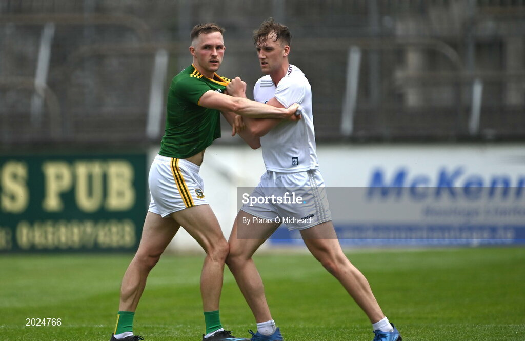 13 June 2021; Conor McGill of Meath and Darragh Kirwan of Kildare tussle in the closing stages of the Allianz Football League Division 2 semi-final match between Kildare and Meath at St Conleth's Park in Newbridge, Kildare. Photo by Piaras Ó Mídheach/Sportsfile