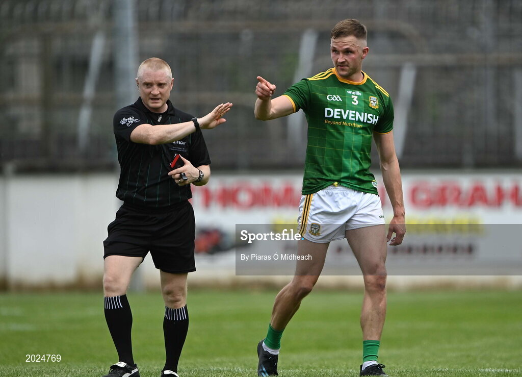 13 June 2021; Conor McGill of Meath has words with referee Barry Cassidy after he was sent off during the Allianz Football League Division 2 semi-final match between Kildare and Meath at St Conleth's Park in Newbridge, Kildare. Photo by Piaras Ó Mídheach/Sportsfile