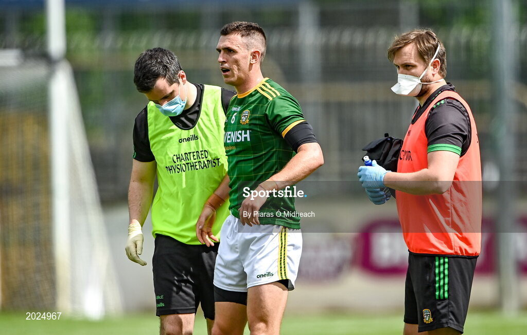 13 June 2021; Shane McEntee of Meath is receives medical attention for an injury during the Allianz Football League Division 2 semi-final match between Kildare and Meath at St Conleth's Park in Newbridge, Kildare. Photo by Piaras Ó Mídheach/Sportsfile