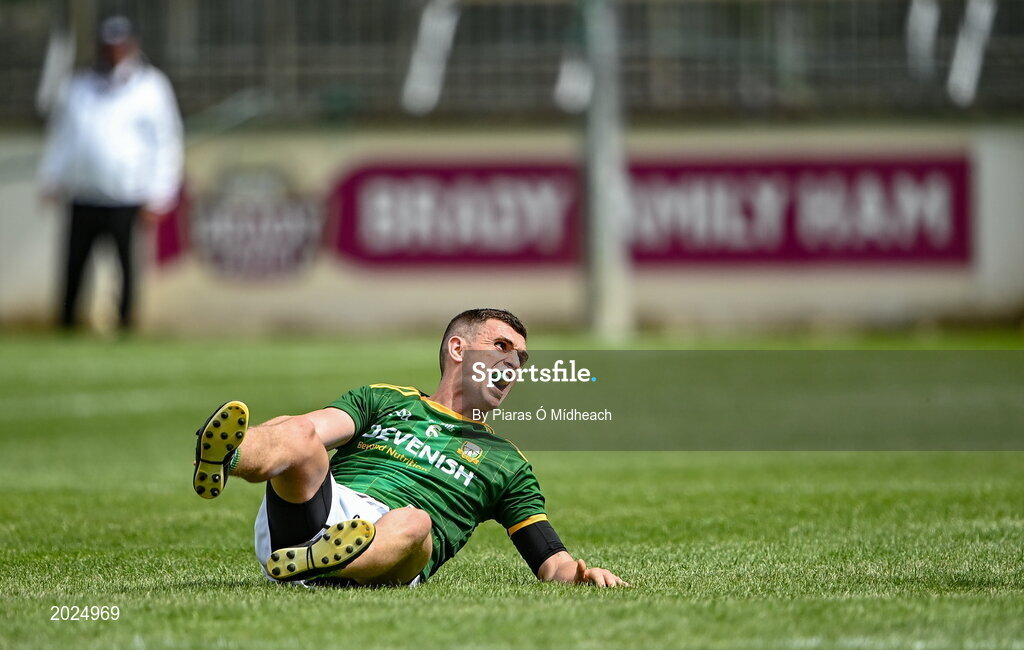 13 June 2021; Shane McEntee of Meath awaits medical attention for an injury during the Allianz Football League Division 2 semi-final match between Kildare and Meath at St Conleth's Park in Newbridge, Kildare. Photo by Piaras Ó Mídheach/Sportsfile