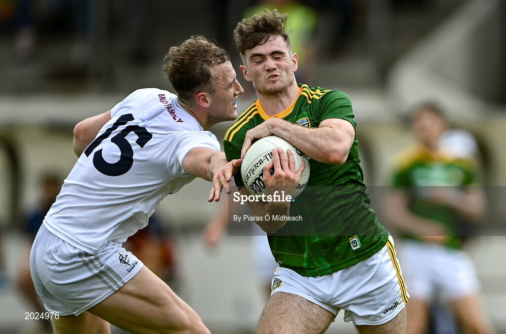 13 June 2021; Cathal Hickey of Meath is tackled by Darragh Kirwan of Kildare during the Allianz Football League Division 2 semi-final match between Kildare and Meath at St Conleth's Park in Newbridge, Kildare. Photo by Piaras Ó Mídheach/Sportsfile