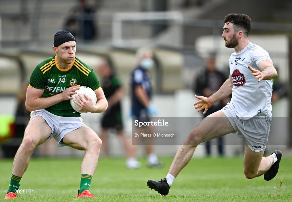 13 June 2021; Brian Conlon of Meath in action against Kevin Flynn of Kildare during the Allianz Football League Division 2 semi-final match between Kildare and Meath at St Conleth's Park in Newbridge, Kildare. Photo by Piaras Ó Mídheach/Sportsfile