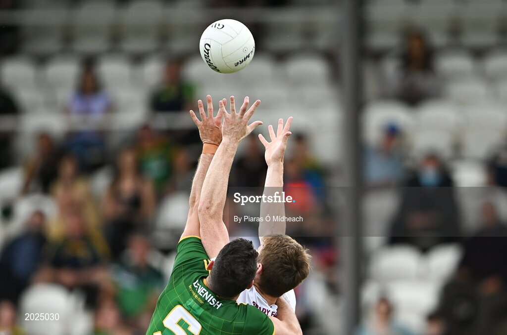 13 June 2021; Donal Keogan of Meath in action against Kevin Feely of Kildare during the Allianz Football League Division 2 semi-final match between Kildare and Meath at St Conleth's Park in Newbridge, Kildare. Photo by Piaras Ó Mídheach/Sportsfile
