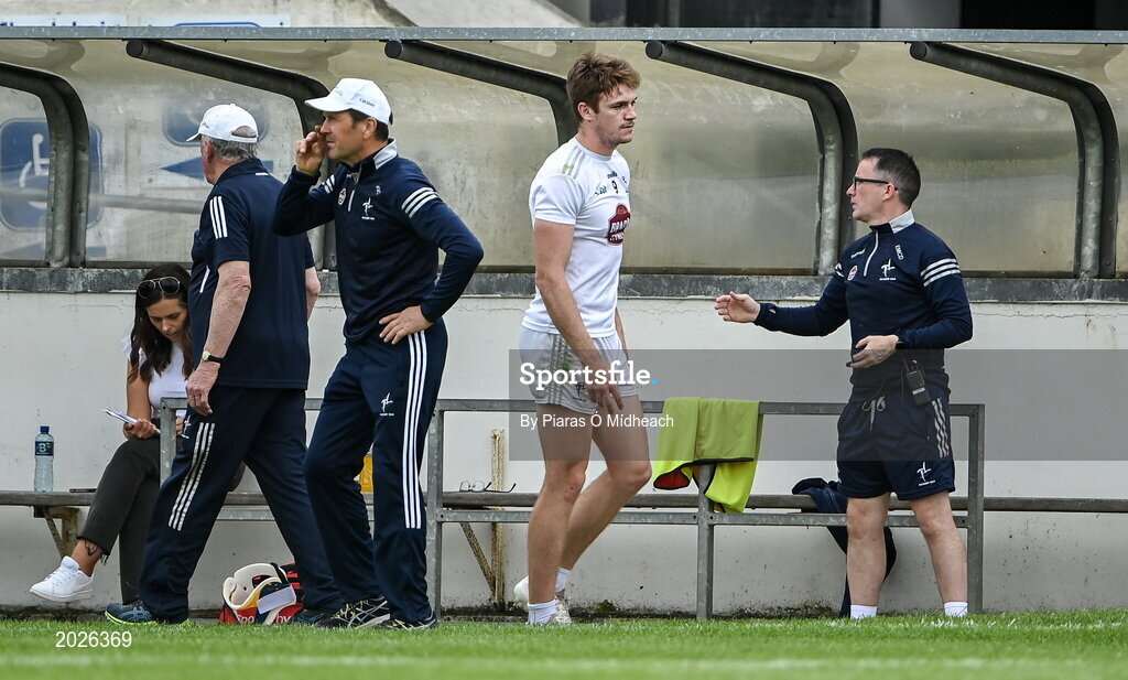 13 June 2021; Kevin Feely of Kildare leaves the pitch to receive medical attention during the Allianz Football League Division 2 semi-final match between Kildare and Meath at St Conleth's Park in Newbridge, Kildare. Photo by Piaras Ó Mídheach/Sportsfile
