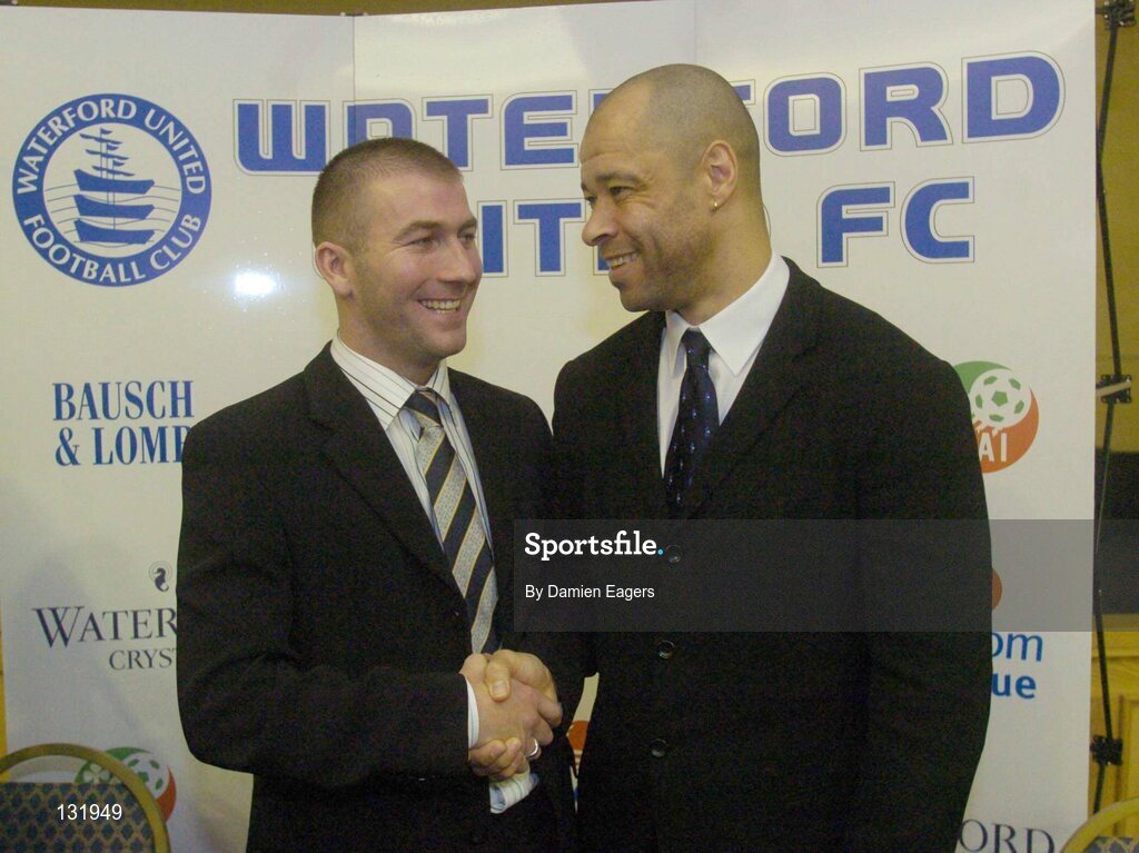 14 February 2004; Team manager Alan Reynolds, left, and Paul McGrath after a press conference to introduce Paul as the new Director of Football and Development at Waterford United, Woodlands Hotel, Waterford. Picture credit; Damien Eagers / SPORTSFILE *EDI*