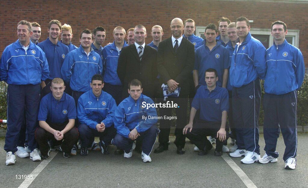 14 February 2004; Members of the Waterford squad with Team manager Alan Reynolds and Paul McGrath after a press conference to introduce Paul as the new Director of Football and Development at Waterford United, Woodlands Hotel, Waterford. Picture credit; Damien Eagers / SPORTSFILE *EDI*