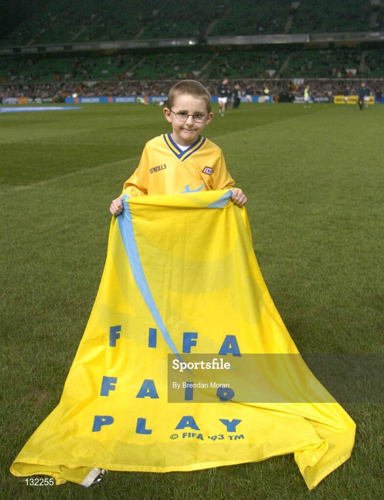 18 February 2004; Darragh Leen, aged 6, from Cork, pictured as a member of the Snickers Fair Play team who led the teams out before the game. International Friendly, Republic of Ireland v Brazil, Lansdowne Road. Dublin. Picture credit; Brendan Moran / SPORTSFILE *EDI*