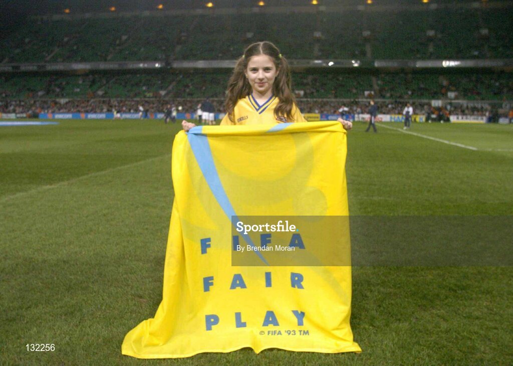 18 February 2004; Lori McHale, aged 10, from Cork, pictured as a member of the Snickers Fair Play team who led the teams out before the game. International Friendly, Republic of Ireland v Brazil, Lansdowne Road. Dublin. Picture credit; Brendan Moran / SPORTSFILE *EDI*